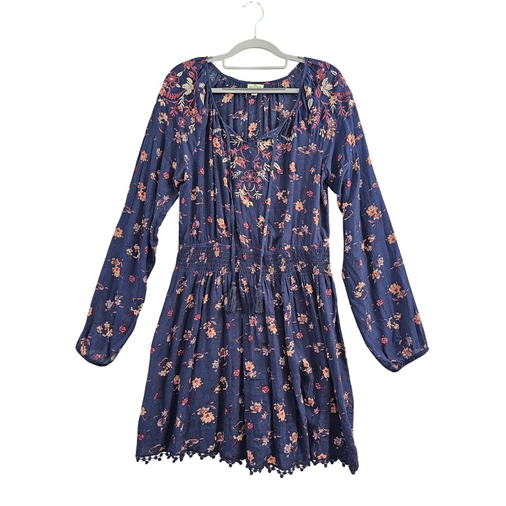 Mason & Belle Mini Dress Womens L Navy Blue Floral Smocked Waist Tassel festival